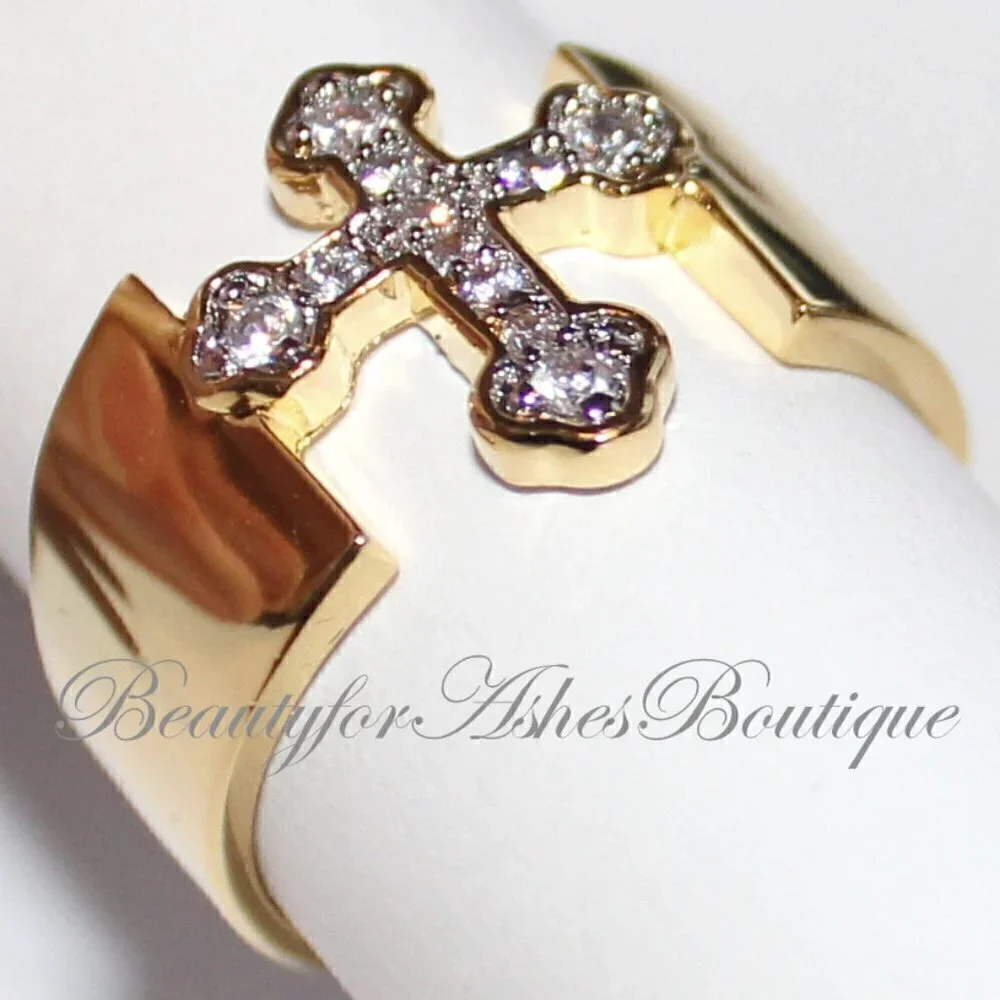 Divine Christian Open Band Cz Clear Yellow Gold Plated Cross Brass Ring
